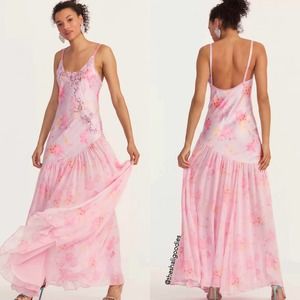 LOVESHACKFANCY Rhoda Maxi Dress Purple Pink Floral Lace Trim